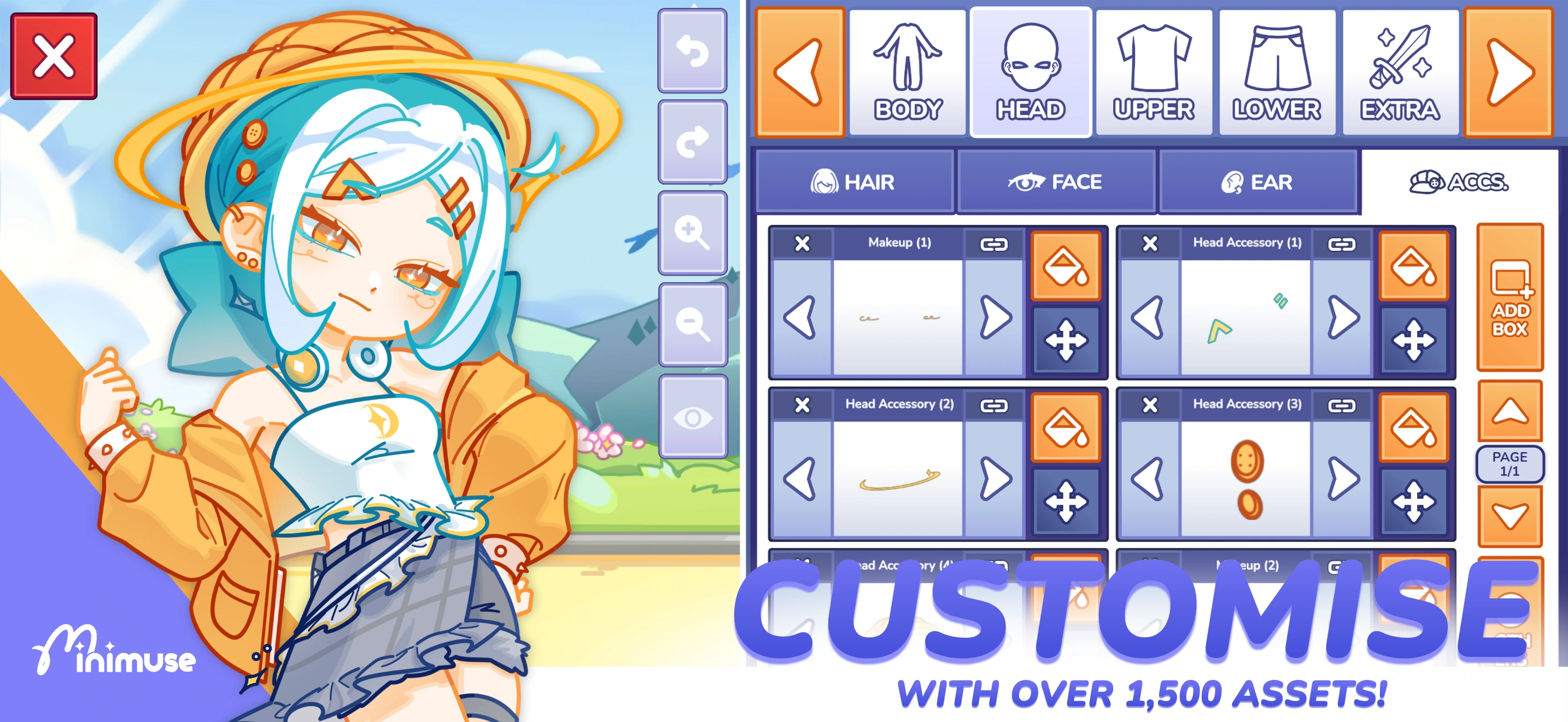 MiniMuse character customization screen showing hair and accessory controls