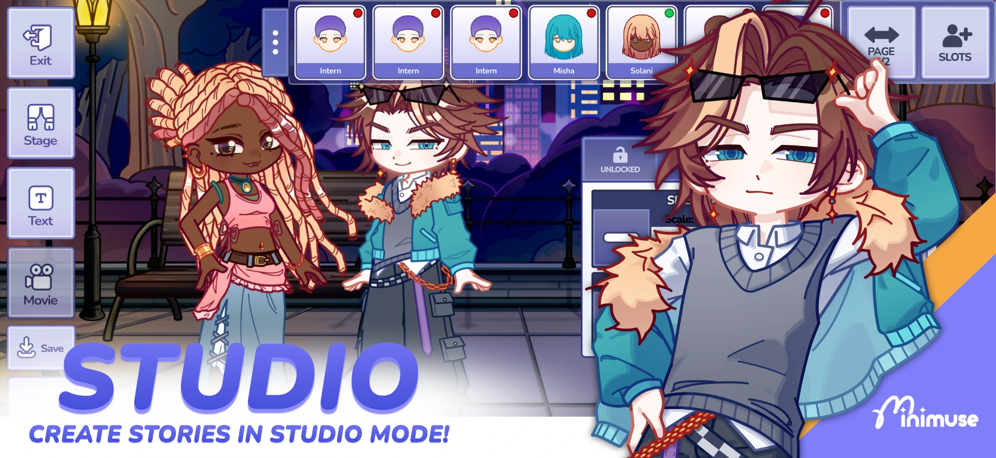 MiniMuse Studio scene with characters, a city background and scene controls