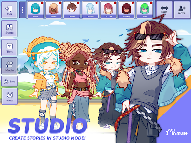 MiniMuse Studio mode showing several characters arranged in a scene
